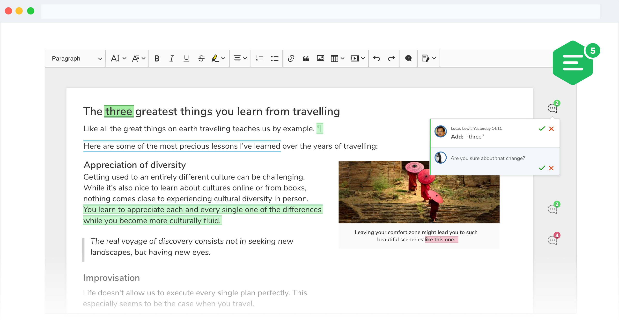 A screenshot of CKEditor 5 track changes feature with suggestions displayed in the narrow sidebar