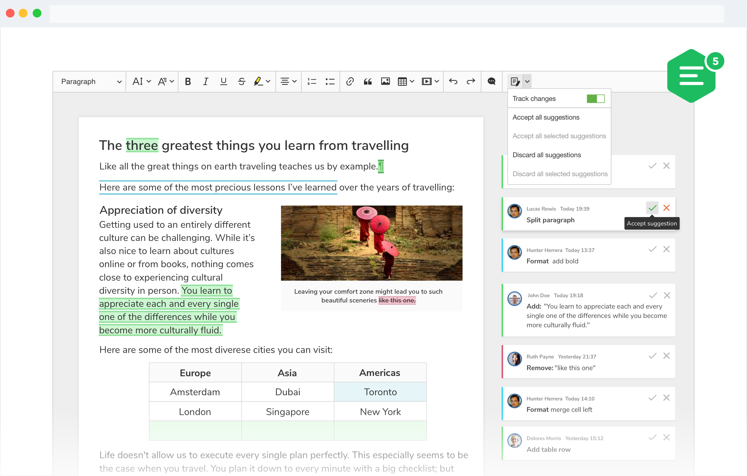 A screenshot of CKEditor 5 track changes feature with suggestions displayed in the wide sidebar