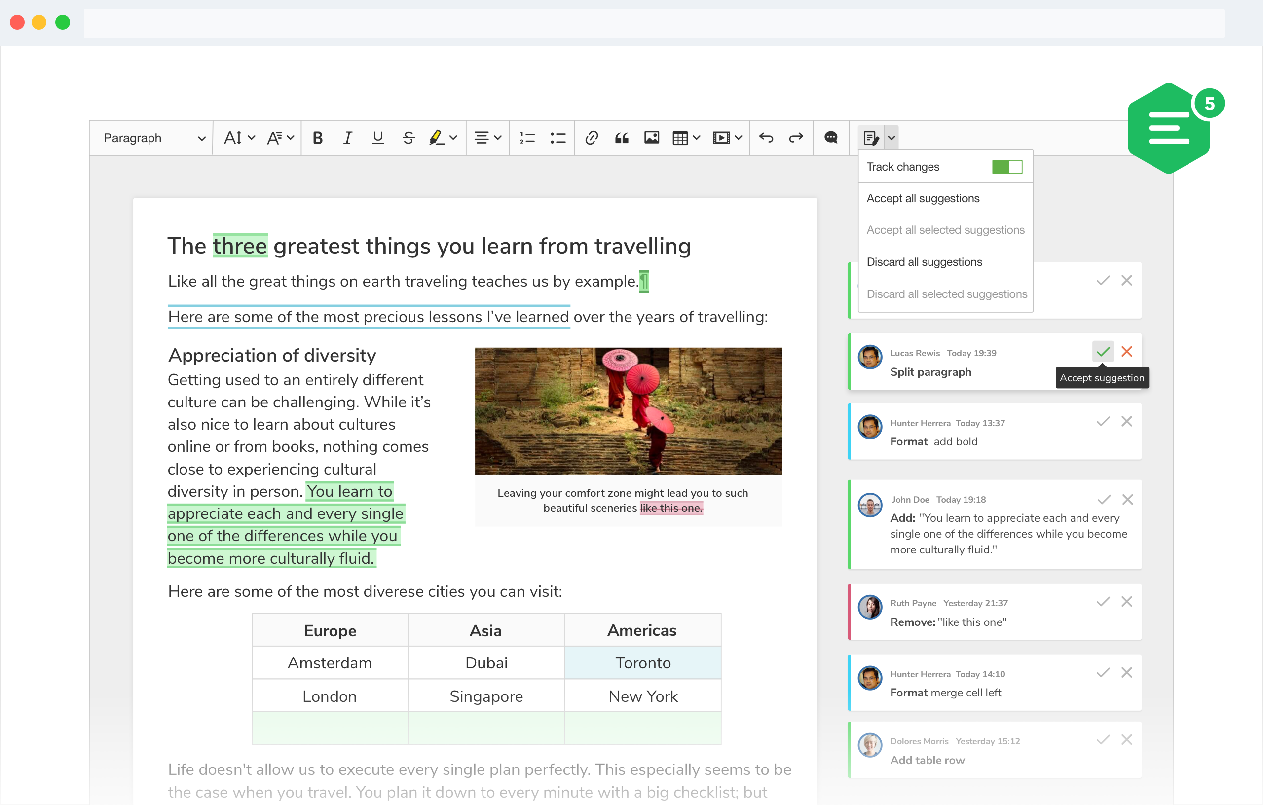 A screenshot of CKEditor 5 track changes feature with suggestions displayed in the wide sidebar